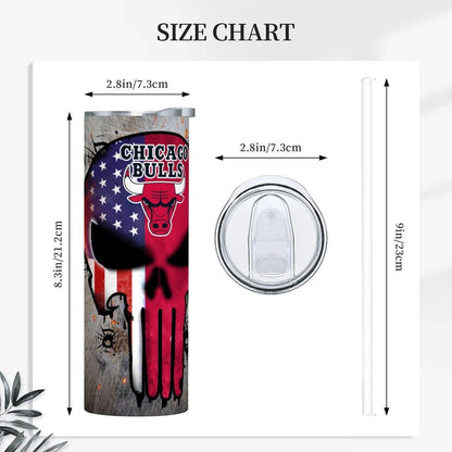 ColorFlow | Chicago Basketball Inspired 20oz Straight Tumbler | Bulls Skull American Flag Design | Personalization Optional