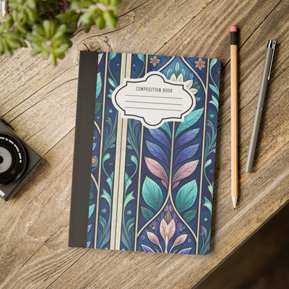 ColorFlow | Stained Glass Floral Composition Notebook | Elegant Blue Botanical Pattern Journal for School and Writing