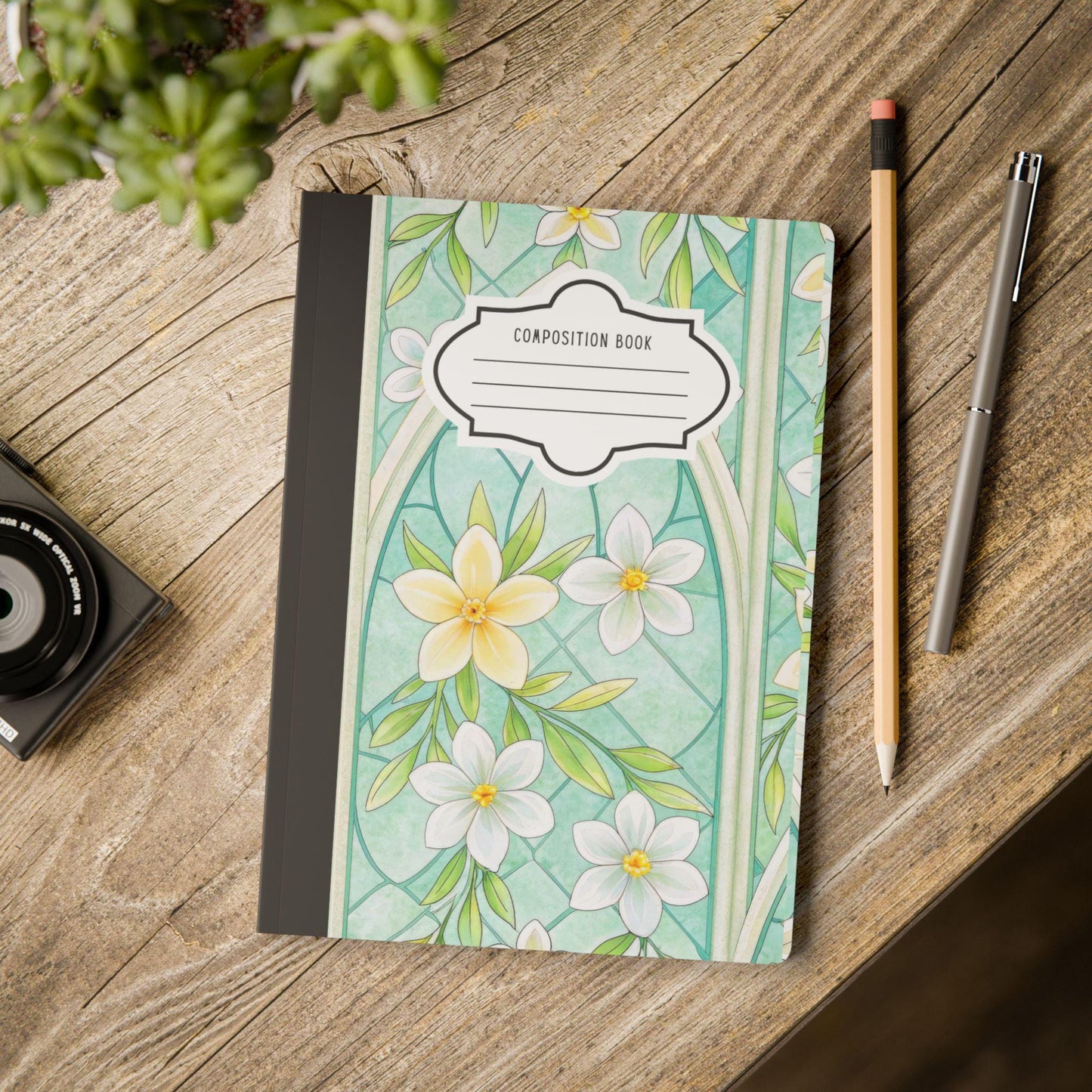 ColorFlow | Mint Blossom Composition Notebook | Light Floral Stained Glass Journal for School Work and Writing