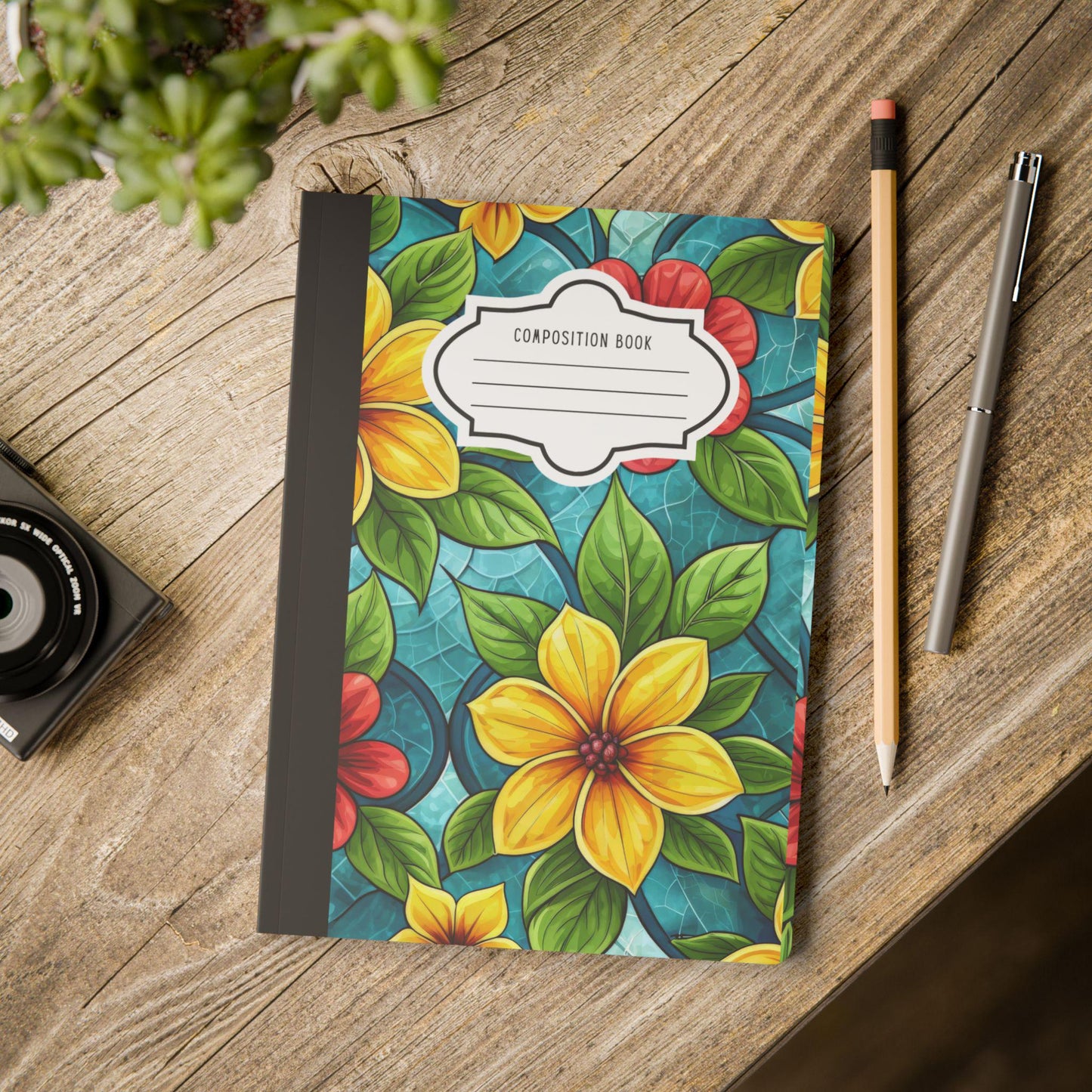 ColorFlow | Aqua Blossom Garden Composition Notebook | Bright Stained Glass Floral Journal for School and Creativity