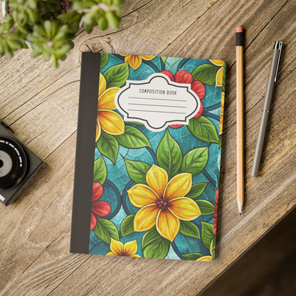 ColorFlow | Aqua Blossom Garden Composition Notebook | Bright Stained Glass Floral Journal for School and Creativity