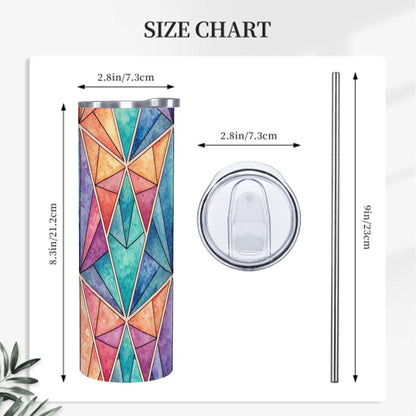 ColorFlow | Prism Mosaic 20oz Skinny Stainless Steel Tumbler with Straw | Colorful Geometric Art Travel Cup