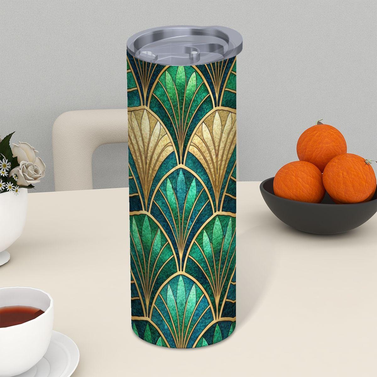 ColorFlow | Emerald Art Deco Scales 20oz Skinny Stainless Steel Tumbler with Straw | Luxe Green Pattern Cup