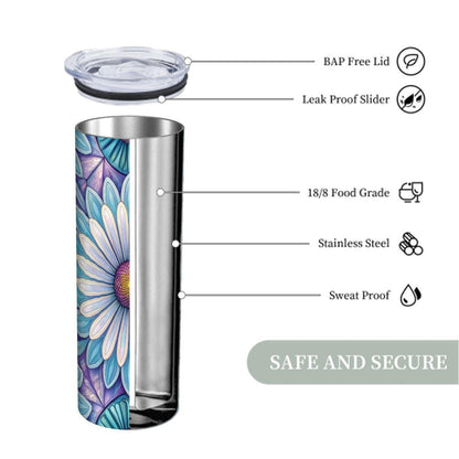 ColorFlow | Blue Lotus Mandala 20oz Skinny Stainless Steel Tumbler with Straw | Floral Stained Glass Design