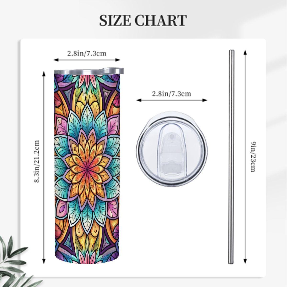 ColorFlow | Radiant Mandala Bloom 20oz Skinny Stainless Steel Tumbler with Straw | Vibrant Sacred Geometry Cup