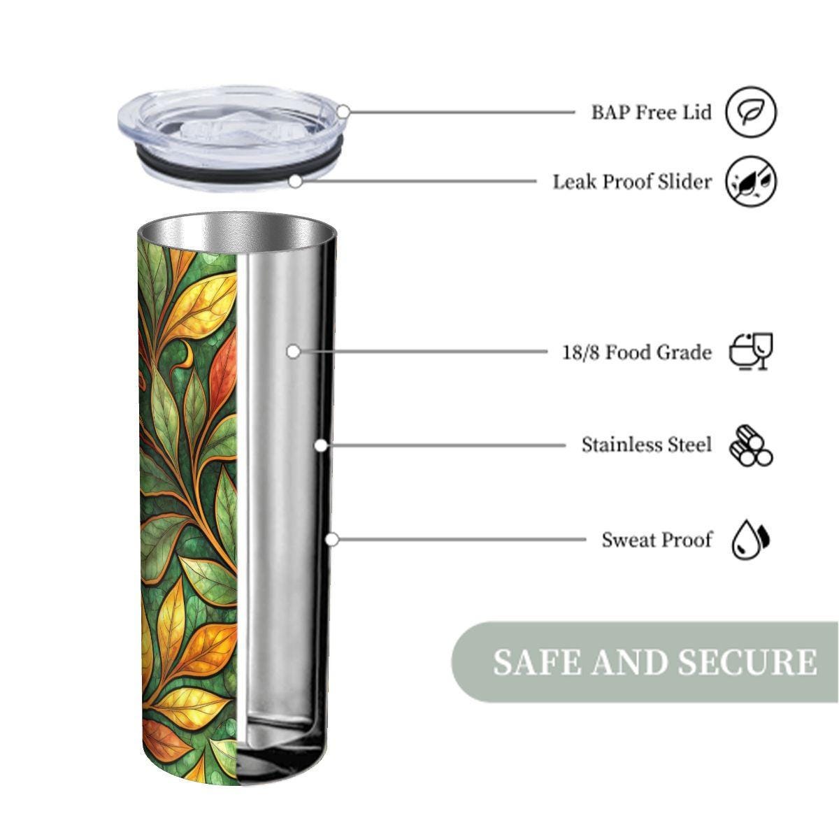 ColorFlow | Autumn Vine Leaves 20oz Skinny Stainless Steel Tumbler with Straw | Nature Botanical Pattern Cup