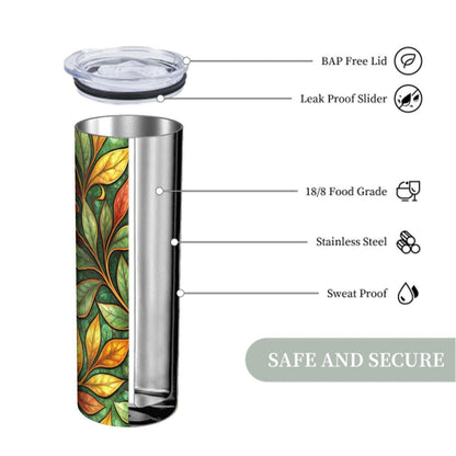ColorFlow | Autumn Vine Leaves 20oz Skinny Stainless Steel Tumbler with Straw | Nature Botanical Pattern Cup