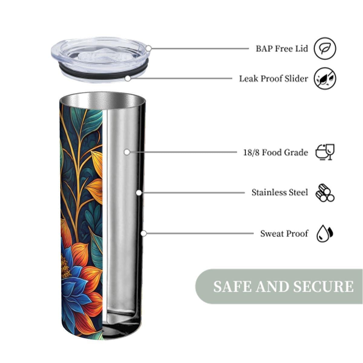 ColorFlow | Midnight Lotus Bloom 20oz Skinny Stainless Steel Tumbler with Straw | Bold Botanical Floral Design