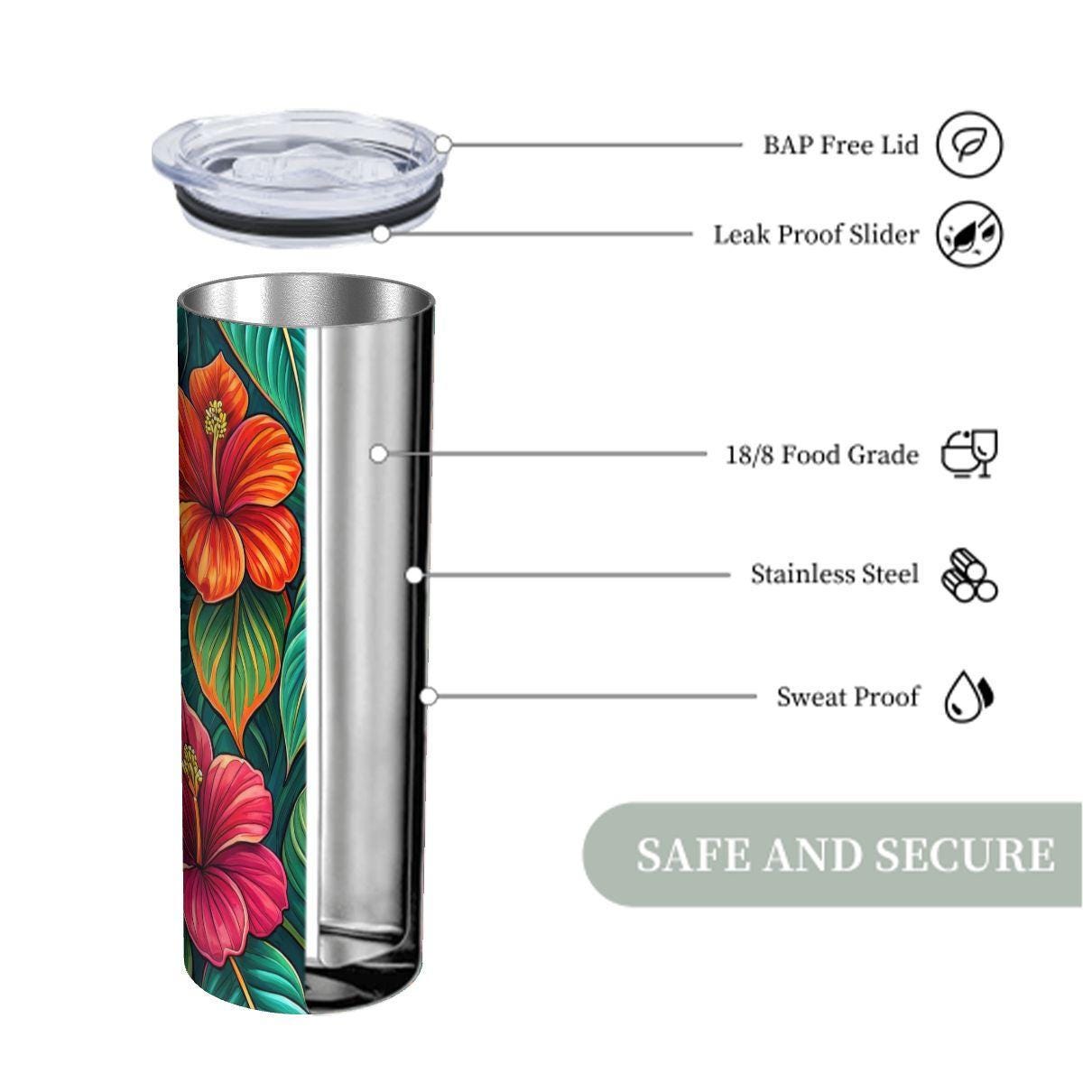 ColorFlow | Tropical Hibiscus Garden 20oz Skinny Stainless Steel Tumbler with Straw | Bold Island Floral Art
