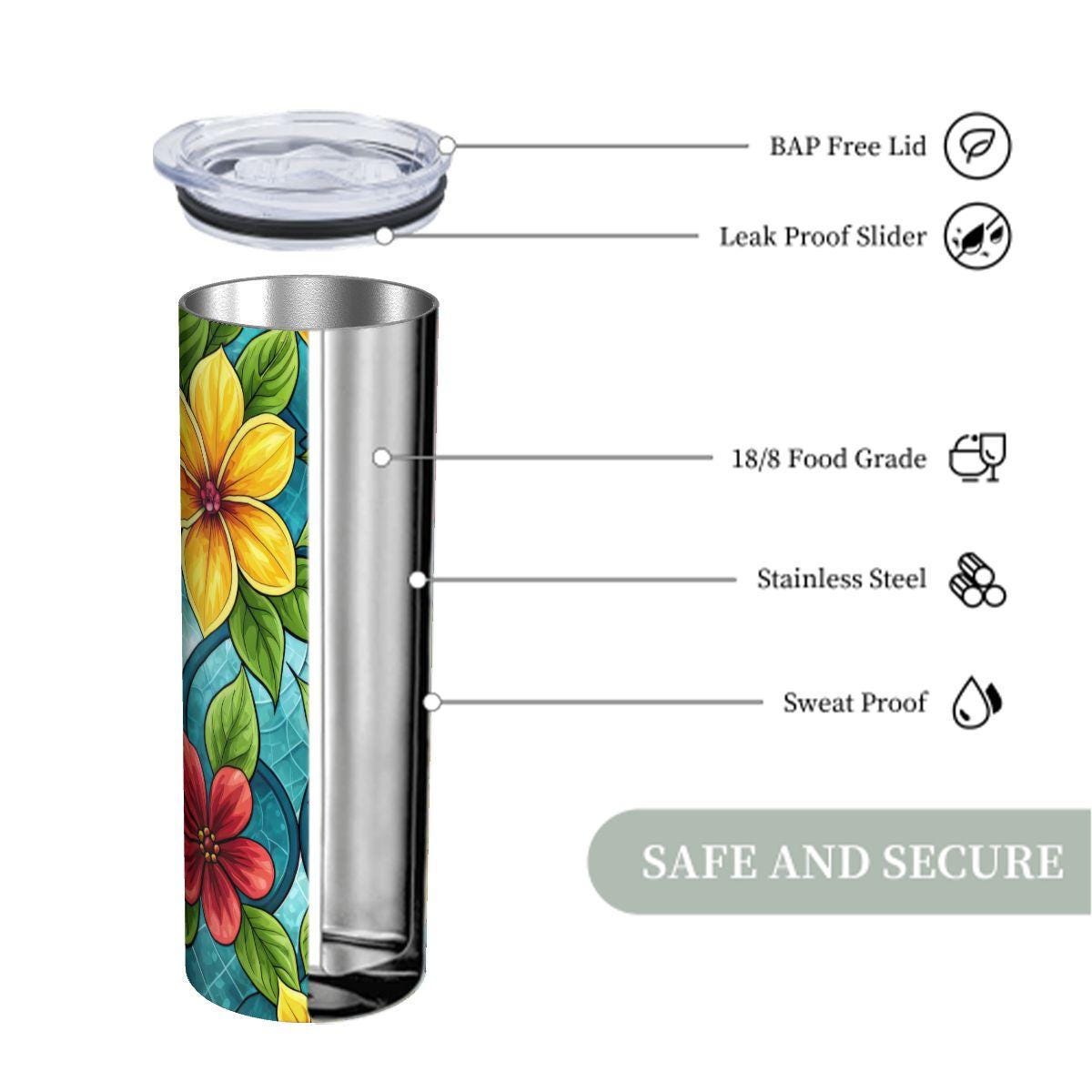 ColorFlow | Golden Petal Mosaic 20oz Skinny Stainless Steel Tumbler with Straw | Bright Floral Glass Pattern