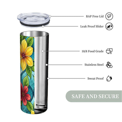 ColorFlow | Golden Petal Mosaic 20oz Skinny Stainless Steel Tumbler with Straw | Bright Floral Glass Pattern