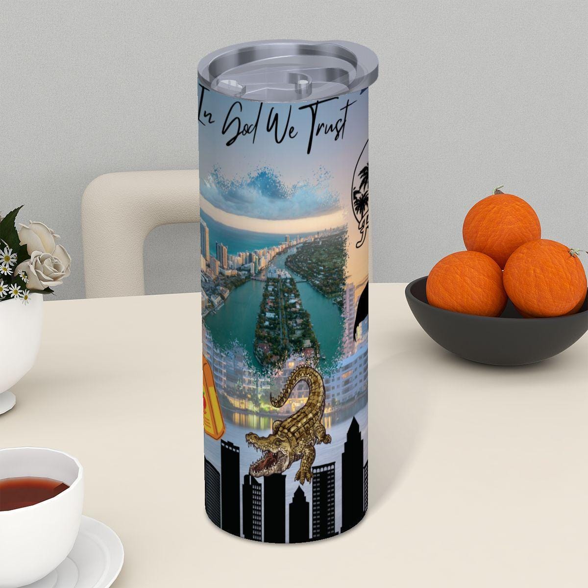 ColorFlow | Florida State Pride Tumbler | In God We Trust Coastal City Scenic | 20oz Skinny Stainless Steel With Straw