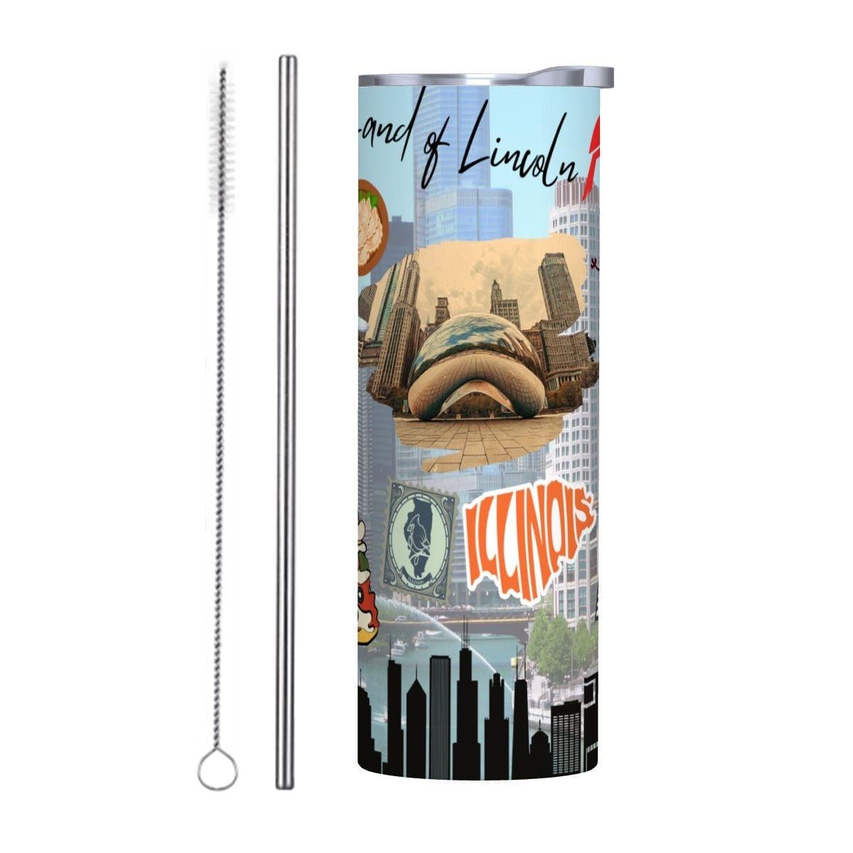 ColorFlow | Illinois Skinny Tumbler | State Pride License Plate Collage | Landmark Travel Design | 20oz Stainless Steel Cup