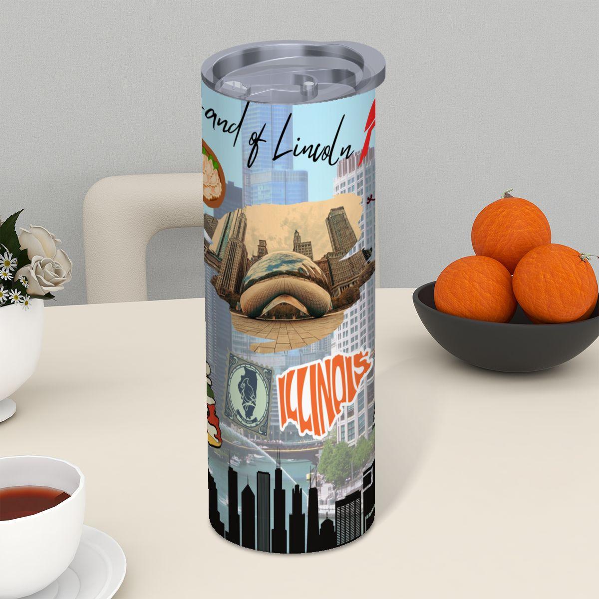 ColorFlow | Illinois Skinny Tumbler | State Pride License Plate Collage | Landmark Travel Design | 20oz Stainless Steel Cup