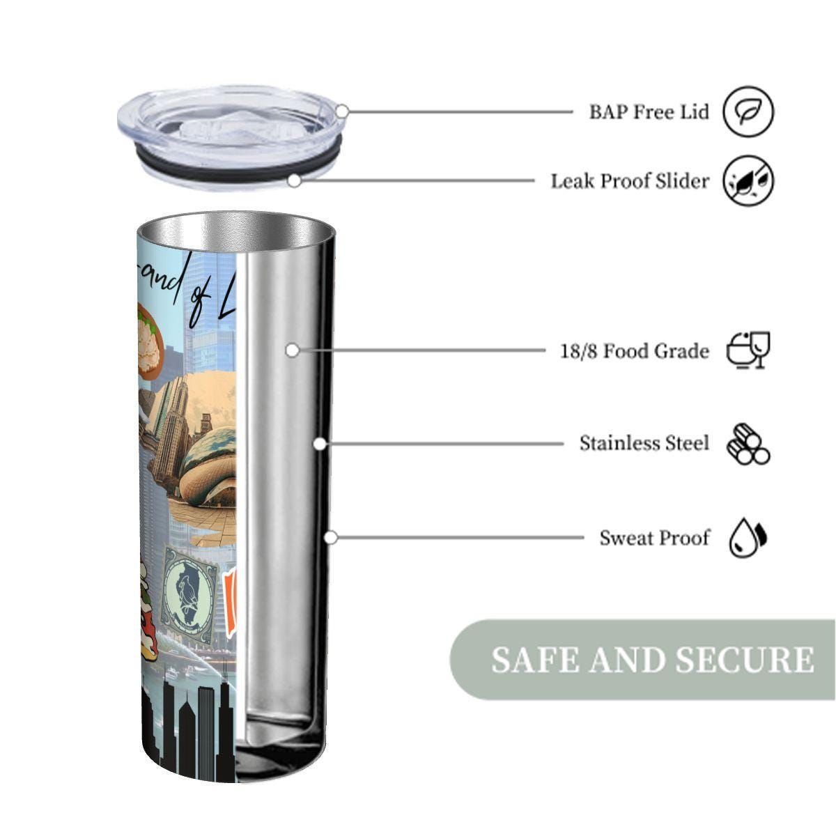 ColorFlow | Illinois Skinny Tumbler | State Pride License Plate Collage | Landmark Travel Design | 20oz Stainless Steel Cup