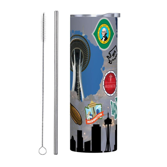 ColorFlow | Washington Skinny Tumbler | State Pride License Plate Collage | Landmark Travel Design | 20oz Stainless Steel Cup
