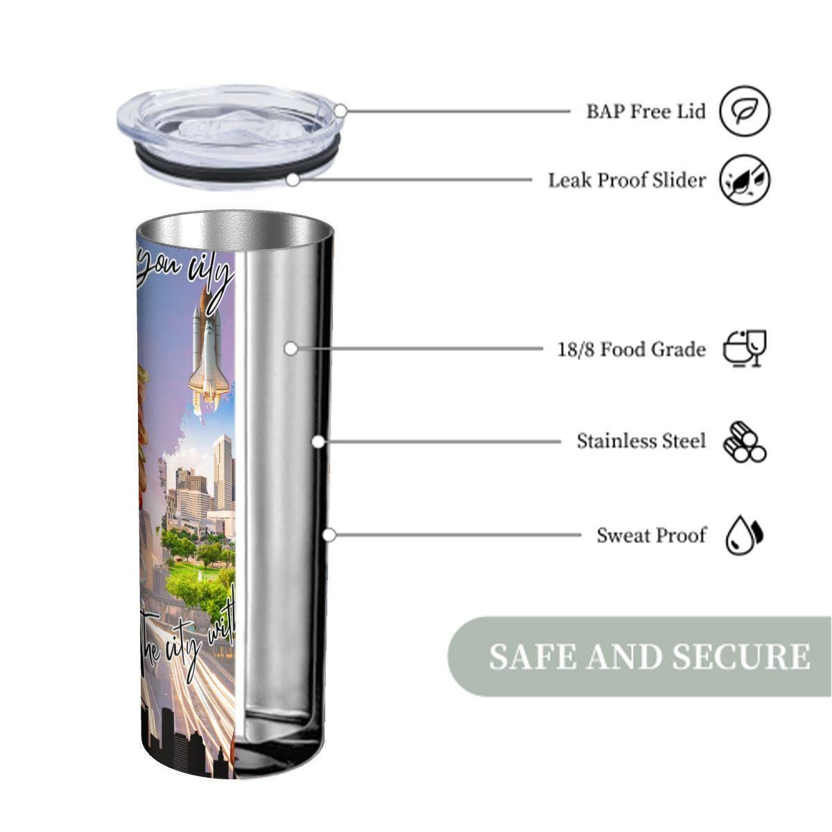 ColorFlow | Houston Texas City Tumbler | Bayou City Skyline Space Culture | 20oz Skinny Stainless Steel With Straw