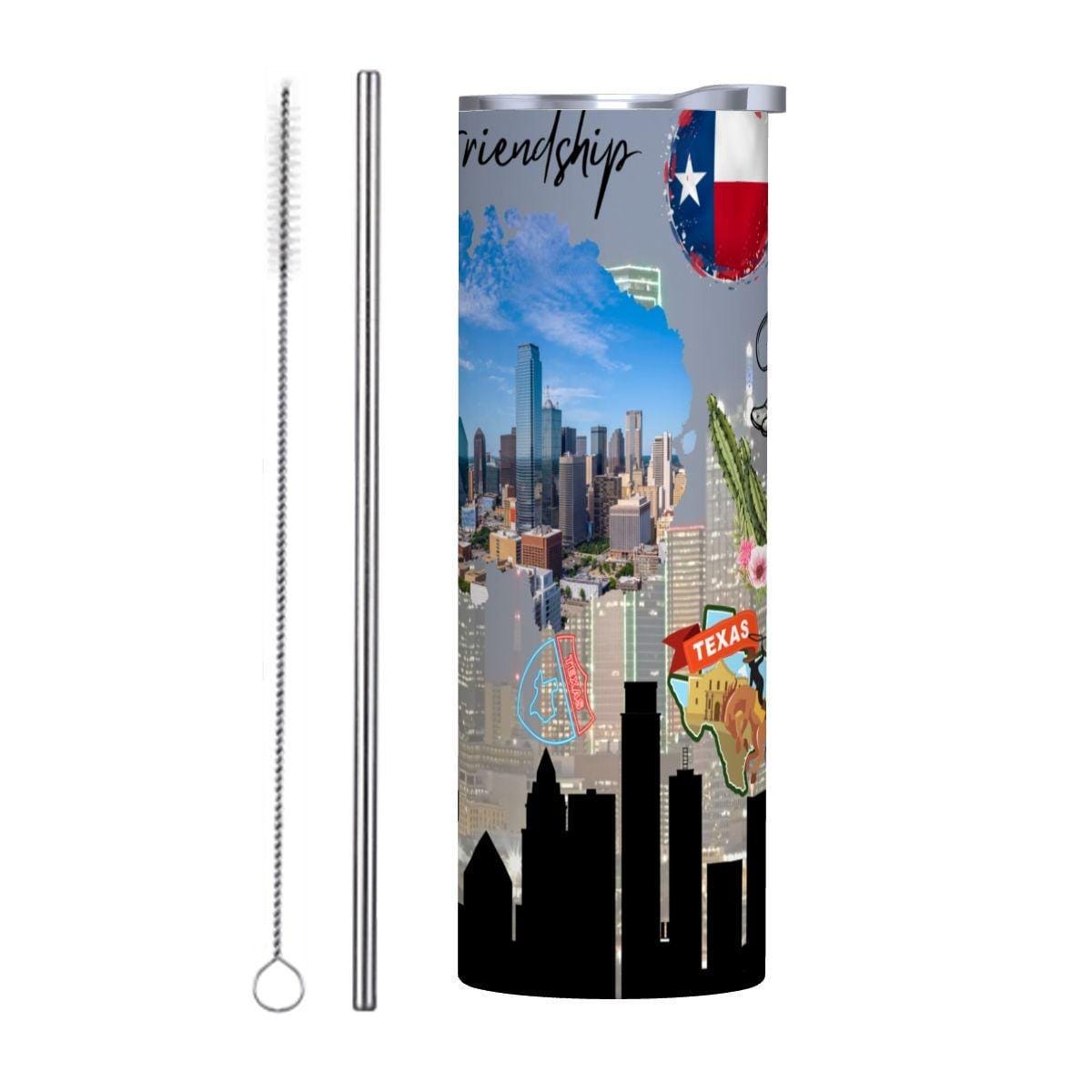 ColorFlow | Texas State Pride Tumbler | Friendship Skyline Collage Design | 20oz Skinny Stainless Steel With Straw