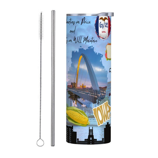 ColorFlow | Iowa Skinny Tumbler | Hawkeye State Bridge Corn Pride Art | Vintage License Plate Cityscape | 20oz