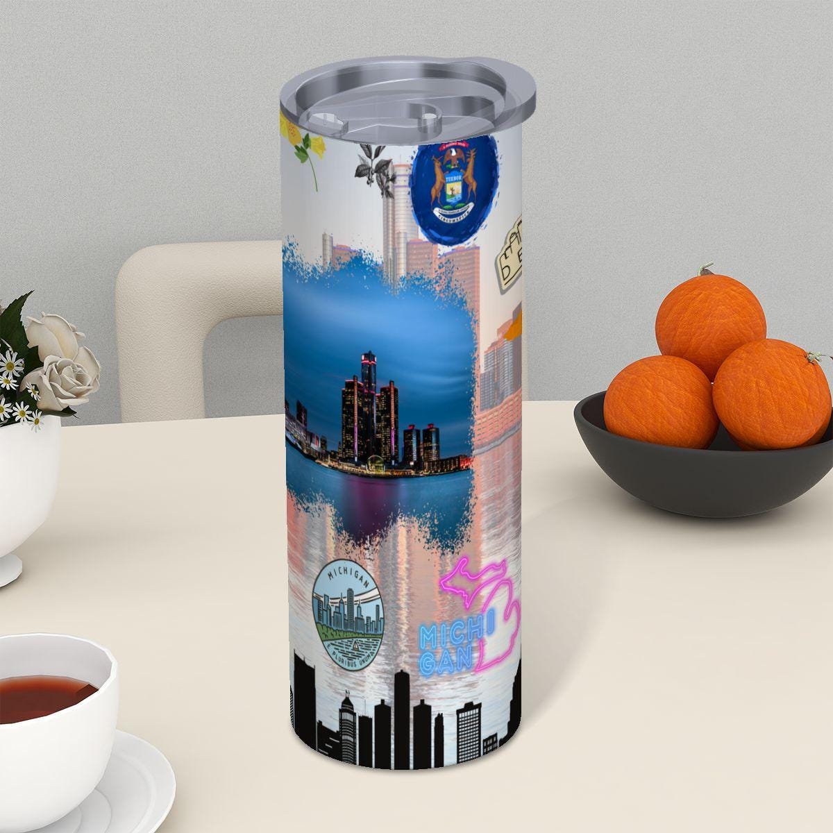 ColorFlow | Michigan State Pride Tumbler | Detroit Skyline Great Lakes Collage | 20oz Skinny Stainless Steel With Straw