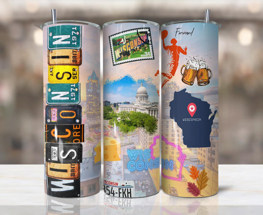 ColorFlow | Wisconsin Skinny Tumbler | Dairy State Capitol Skyline | Vintage License Plate City Art | 20oz Tumbler