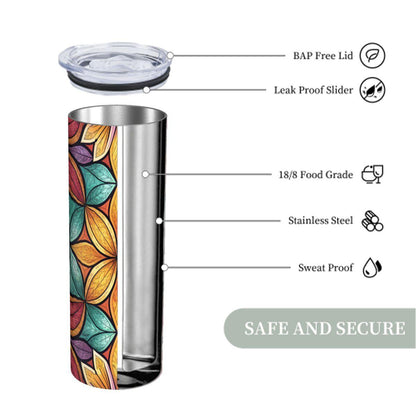 ColorFlow | Harvest Petal Kaleidoscope 20oz Skinny Stainless Steel Tumbler with Straw | Colorful Floral Mosaic