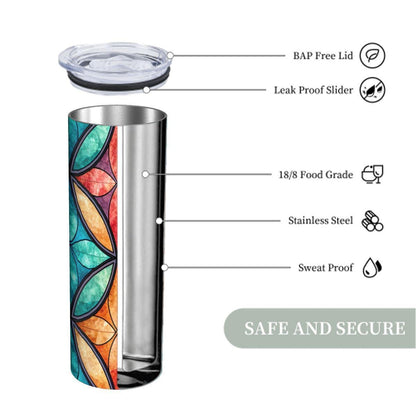 ColorFlow | Serene Feather Flow 20oz Skinny Stainless Steel Tumbler with Straw | Blue Gold Abstract Leaf Design