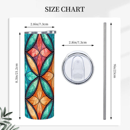 ColorFlow | Serene Feather Flow 20oz Skinny Stainless Steel Tumbler with Straw | Blue Gold Abstract Leaf Design