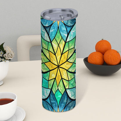 ColorFlow | Sunburst Lotus Glass 20oz Skinny Stainless Steel Tumbler with Straw | Blue Green Stained Glass Mandala