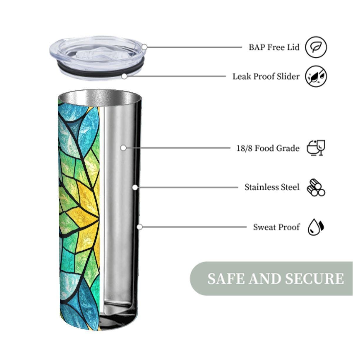 ColorFlow | Sunburst Lotus Glass 20oz Skinny Stainless Steel Tumbler with Straw | Blue Green Stained Glass Mandala