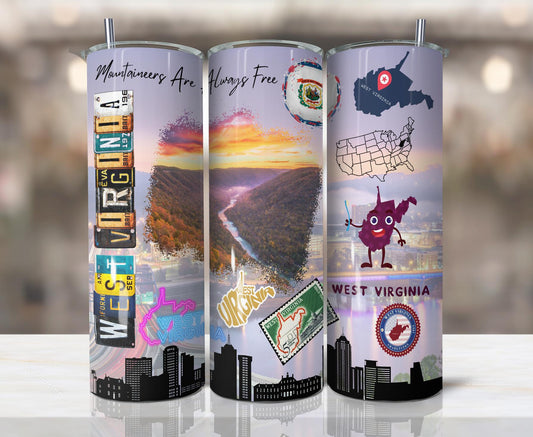 ColorFlow | West Virginia Skinny Tumbler | Mountain State Scenic River Valley | Vintage License Plate Pride Art | 20oz