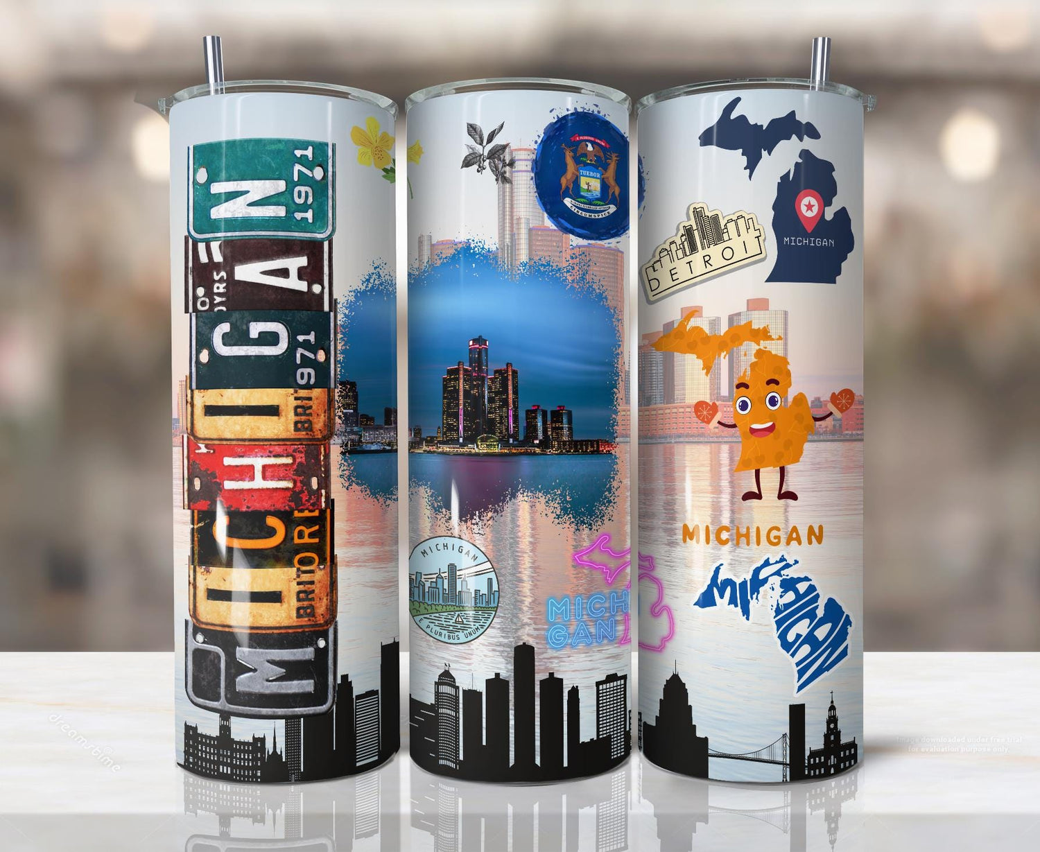 ColorFlow | Michigan State Pride Tumbler | Detroit Skyline Great Lakes Collage | 20oz Skinny Stainless Steel With Straw