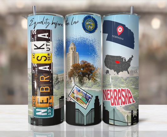ColorFlow | Nebraska Skinny Tumbler | Equality Before The Law Capitol Scenic | Vintage License Plate State Art | 20oz