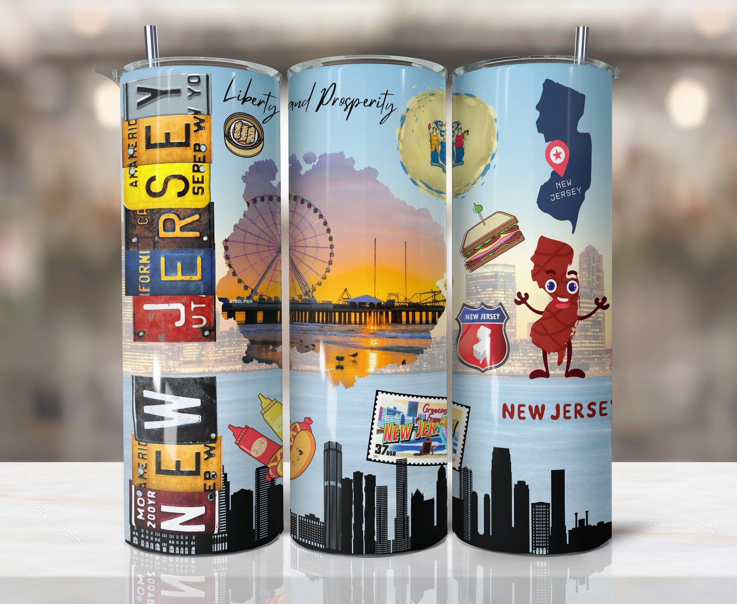 ColorFlow | New Jersey Landmark Collage 20oz Skinny Tumbler | Garden State Skyline Shoreline State Pride Design