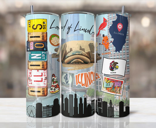 ColorFlow | Illinois Skinny Tumbler | State Pride License Plate Collage | Landmark Travel Design | 20oz Stainless Steel Cup