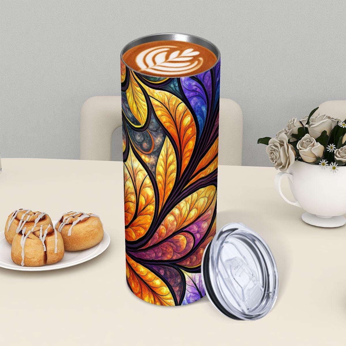 ColorFlow | Ember Glow Botanical Swirl 20oz Skinny Stainless Steel Tumbler with Straw | Vibrant Abstract Leaf Art