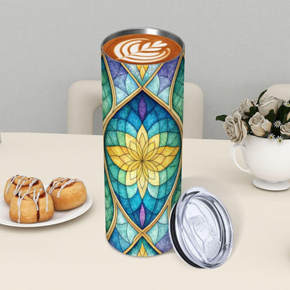 ColorFlow | Golden Petal Stained Glass 20oz Skinny Stainless Steel Tumbler with Straw | Geometric Floral Design