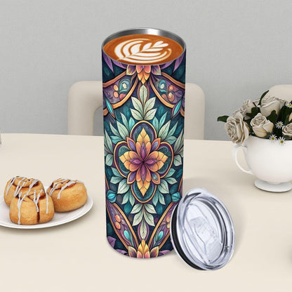 ColorFlow | Midnight Bloom Mandala 20oz Skinny Stainless Steel Tumbler with Straw | Elegant Floral Mosaic Art