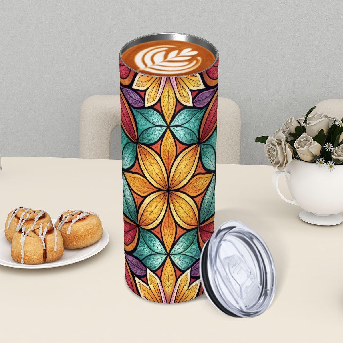 ColorFlow | Harvest Petal Kaleidoscope 20oz Skinny Stainless Steel Tumbler with Straw | Colorful Floral Mosaic