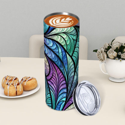 ColorFlow | Ocean Feather Glass 20oz Skinny Stainless Steel Tumbler with Straw | Blue Teal Abstract Leaf Art