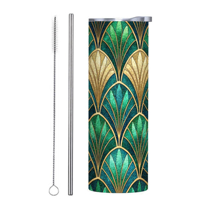 ColorFlow | Emerald Art Deco Scales 20oz Skinny Stainless Steel Tumbler with Straw | Luxe Green Pattern Cup
