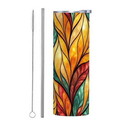 ColorFlow | Golden Ember Leaves 20oz Skinny Stainless Steel Tumbler with Straw | Warm Autumn Stained Glass Design