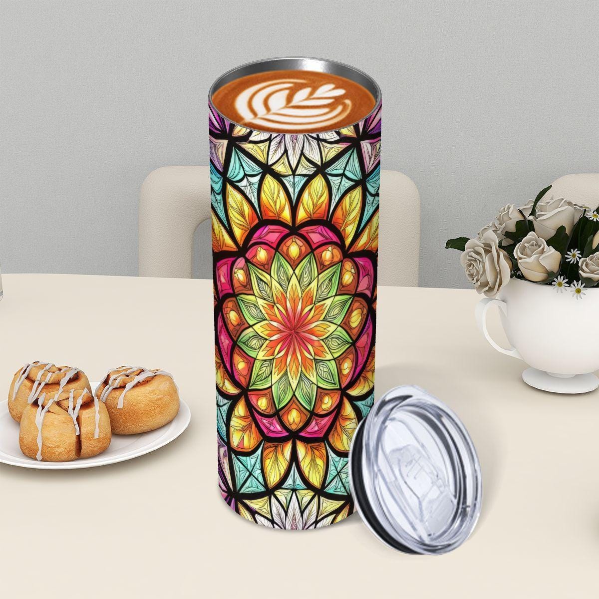 ColorFlow | Radiant Bloom Mandala 20oz Skinny Stainless Steel Tumbler with Straw | Colorful Sacred Floral Art