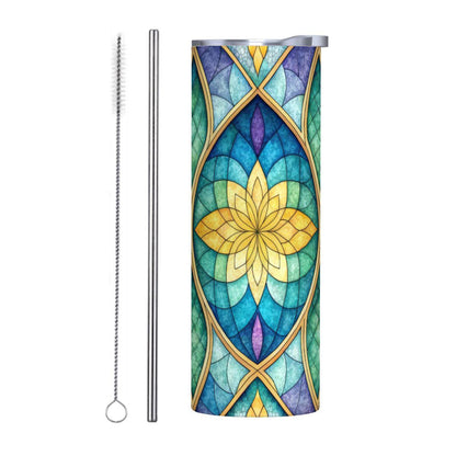 ColorFlow | Golden Petal Stained Glass 20oz Skinny Stainless Steel Tumbler with Straw | Geometric Floral Design