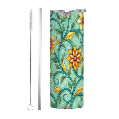 ColorFlow | Mint Vine Florals 20oz Skinny Stainless Steel Tumbler with Straw | Whimsical Spring Botanical Design