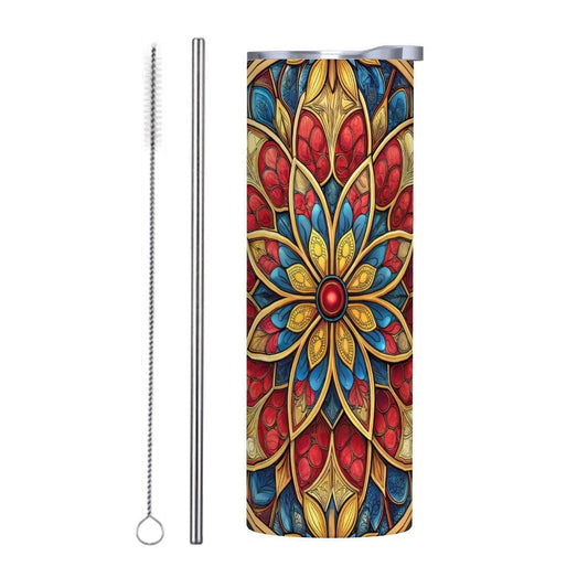 ColorFlow | Heritage Rosette Mandala 20oz Skinny Stainless Steel Tumbler with Straw | Vintage Stained Glass Art