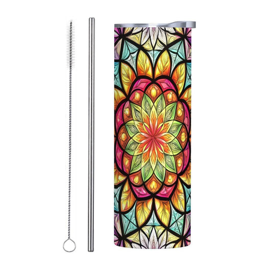 ColorFlow | Radiant Bloom Mandala 20oz Skinny Stainless Steel Tumbler with Straw | Colorful Sacred Floral Art