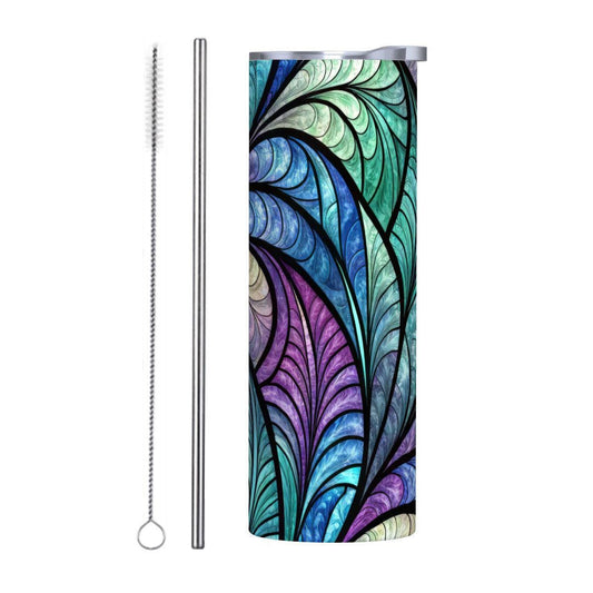 ColorFlow | Ocean Feather Glass 20oz Skinny Stainless Steel Tumbler with Straw | Blue Teal Abstract Leaf Art