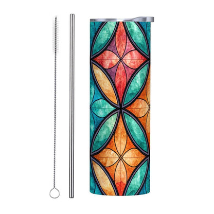 ColorFlow | Serene Feather Flow 20oz Skinny Stainless Steel Tumbler with Straw | Blue Gold Abstract Leaf Design
