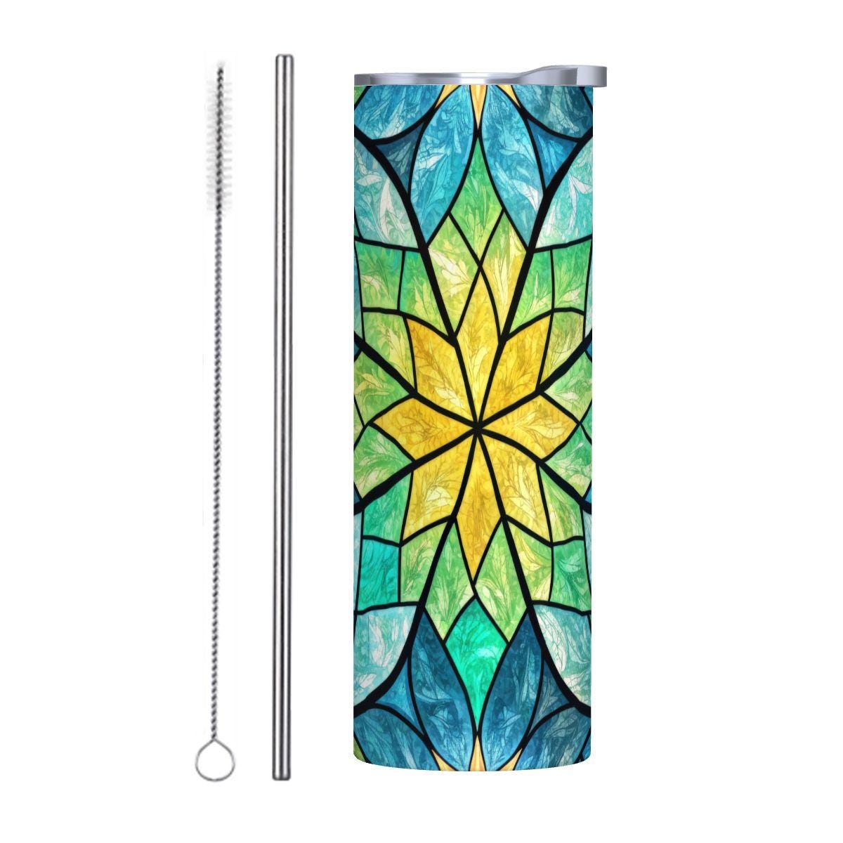 ColorFlow | Sunburst Lotus Glass 20oz Skinny Stainless Steel Tumbler with Straw | Blue Green Stained Glass Mandala
